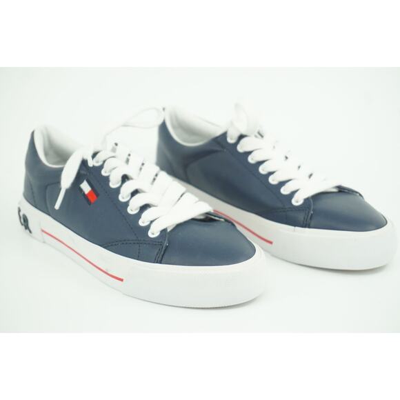 Tommy Hilfiger Flintz Flag Flat Leather Sneakers SZ 6.5 Blue Logo Low Top - Picture 4 of 10
